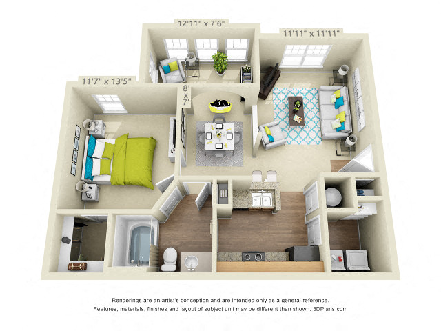 Floor plan for 1 bed, 1 bath, 833 sqft